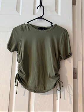 Veronica Beard Olive Green Side-Ruched Crop Tee